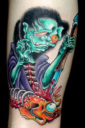 Tattoos - Fine Line tattoos - zombie samuri and skeleton koi tattoo